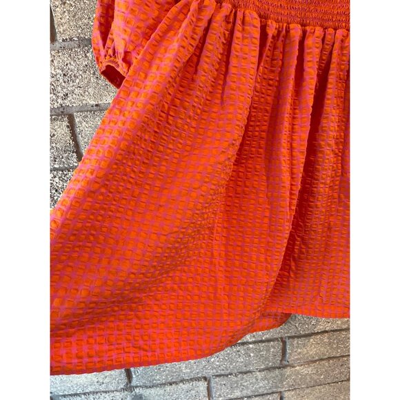 Nobodys Child Orange & Pink Textured Smocked Mini Dress With Puff Sleeves UK 18 - Picture 6 of 6